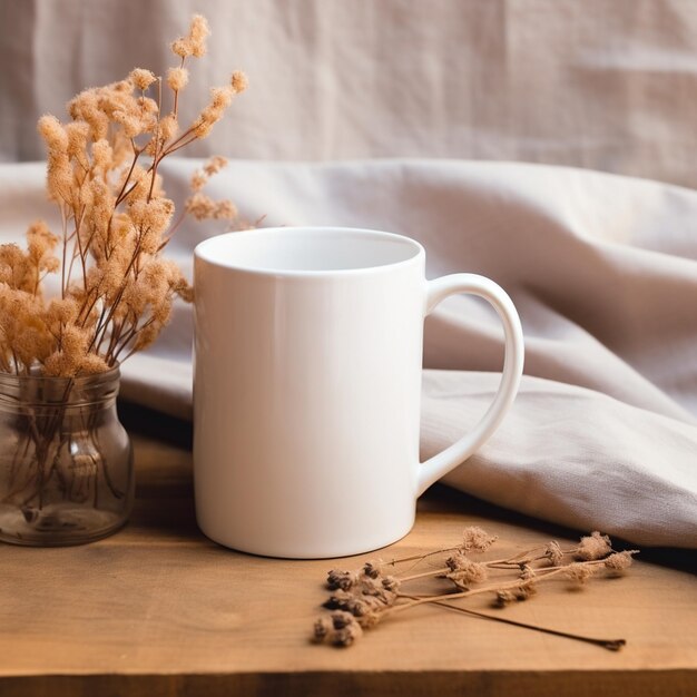 hay una taza blanca sobre una mesa con un jarrón de flores ai generativo