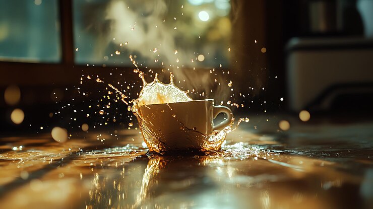 hay una taza de café con agua salpicando de ella