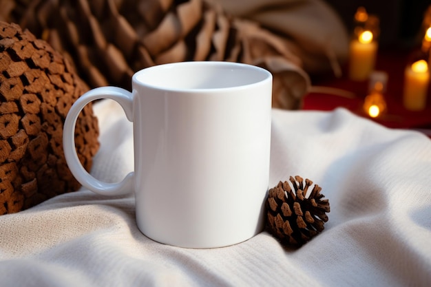 hay una taza de café blanca sentada en una cama al lado de un cono de pino generativo ai