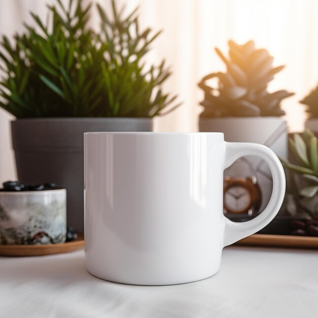 Foto hay una taza de café blanca sentada en una mesa al lado de una planta generativa ai