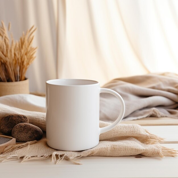 hay una taza de café blanca sentada en una mesa con una manta generativa ai