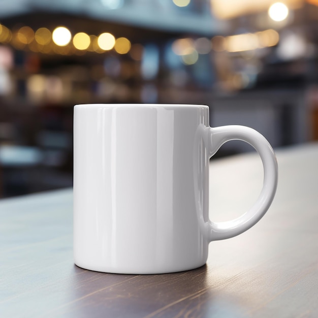 hay una taza de café blanca sentada en una mesa en un restaurante generativo ai