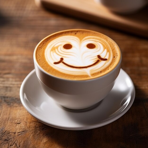 hay una taza de café con una cara sonriente en ella