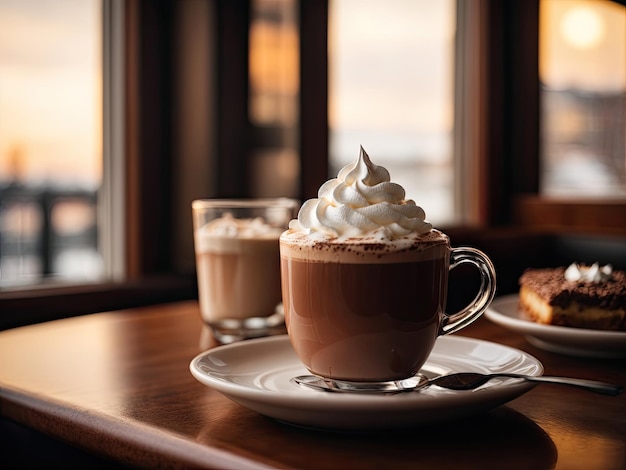 Hay una taza de café y crema sobre la mesa.