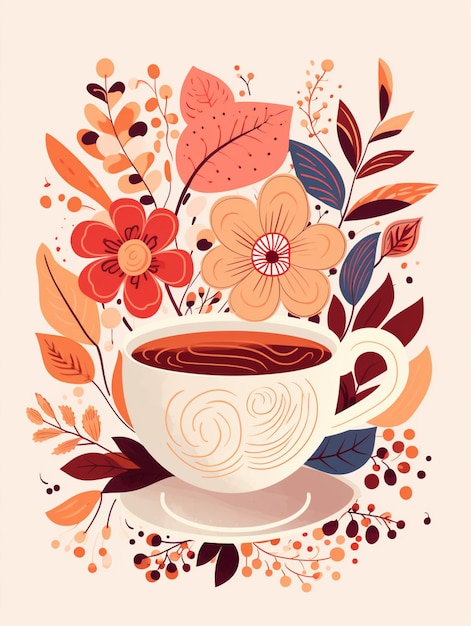 hay una taza de café con flores y hojas ai generativa