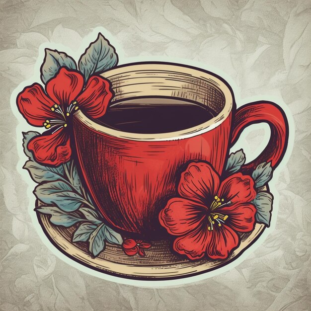 Foto hay una taza de café con flores en el platillo generativo ai