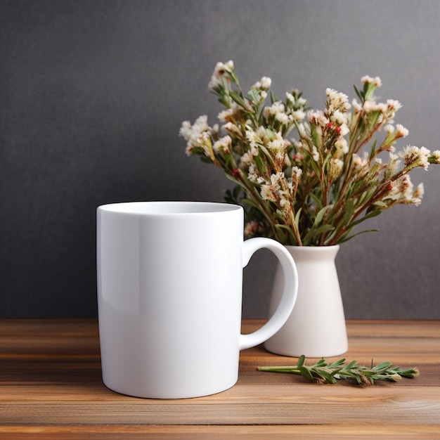 Hay una taza de café con leche sentada junto a un jarrón de flores ai generativo