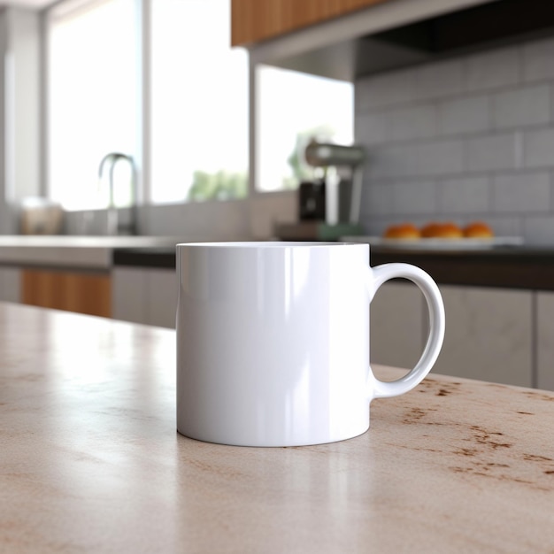hay una taza de café con leche sobre un mostrador en una cocina ai generativa
