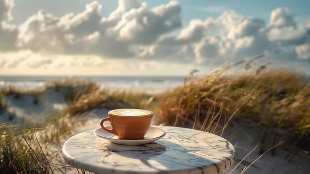 Hay una taza de café en una mesa en la playa generativa ai