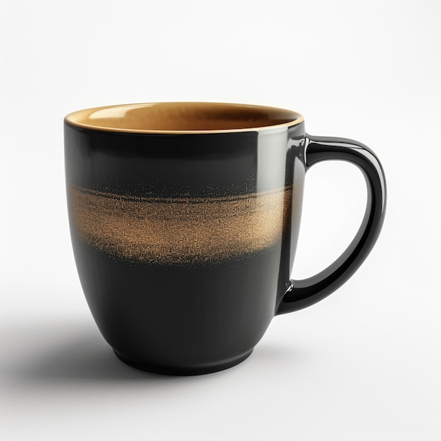 Hay una taza de café negra y dorada con un borde marrón generativo ai