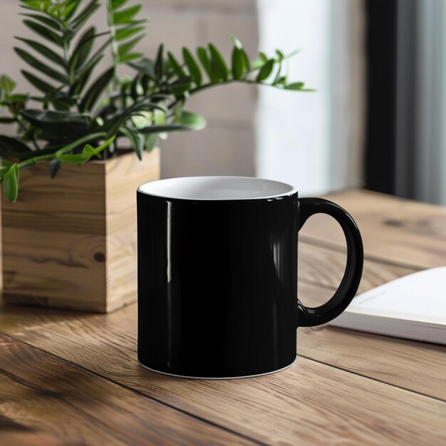 Foto hay una taza de café negra sentada en una mesa de madera generativa ai