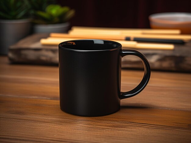 hay una taza de café negra sentada en una mesa de madera generativa ai