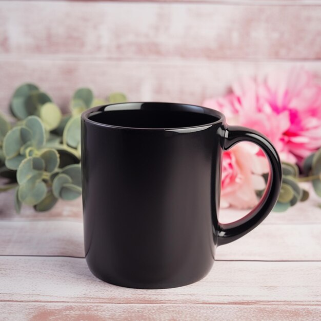 Foto hay una taza de café negro sobre una mesa con flores generativas ai