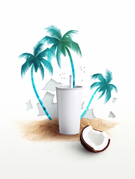 hay una taza de café con una pajita y cocos en la playa generativo ai