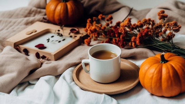 Hay una taza de café en un platillo al lado de un ai generativo de calabaza