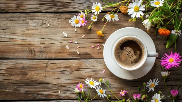 Foto hay una taza de café con un platillo y flores en la mesa generativo ai