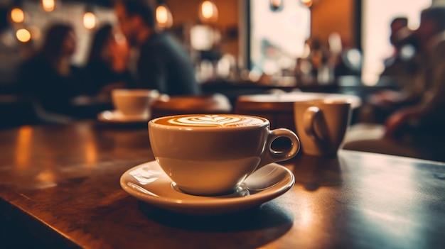 Hay una taza de café en un platillo en una mesa generativa ai