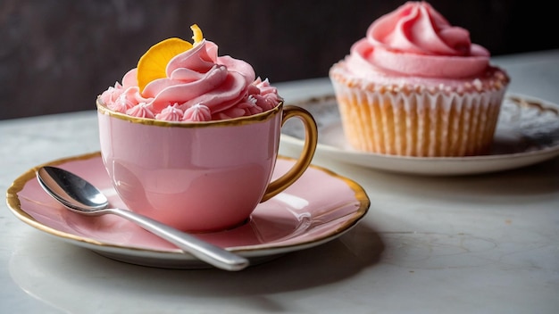 Hay una taza de café rosa y un pastel rosa colocado en la mesa generativo ai