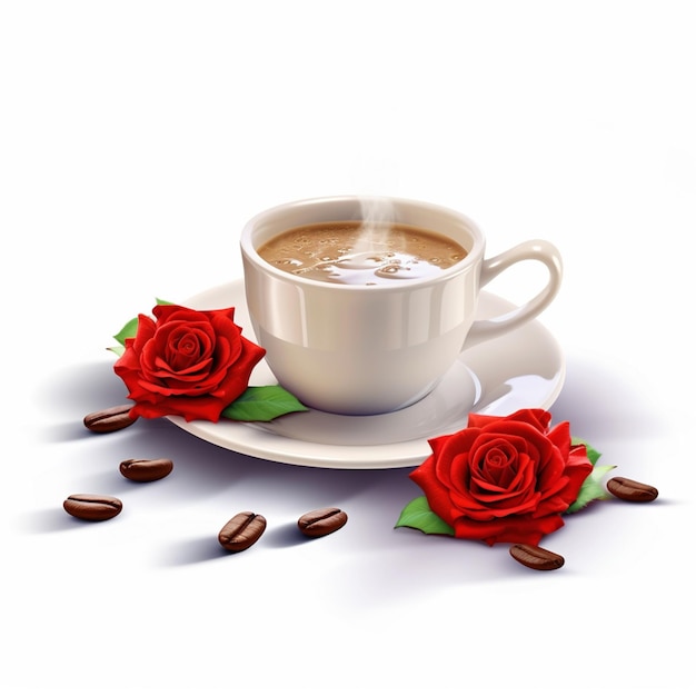 hay una taza de café con una rosa en un platillo ai generativo