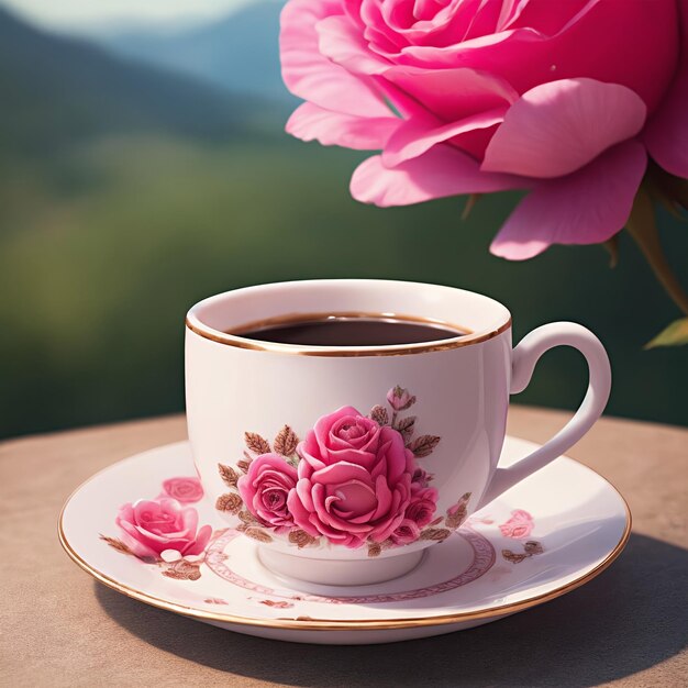 Foto hay una taza de café con una rosa rosa en ella