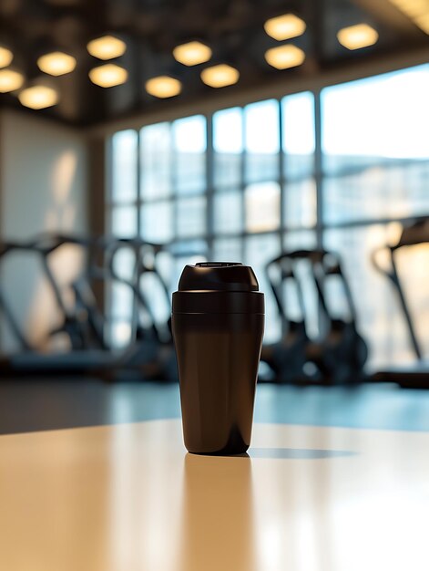 hay una taza de café sentada en una mesa en un gimnasio