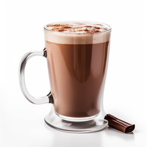 hay una taza de café de vidrio con una barra de chocolate en el lado generativo ai