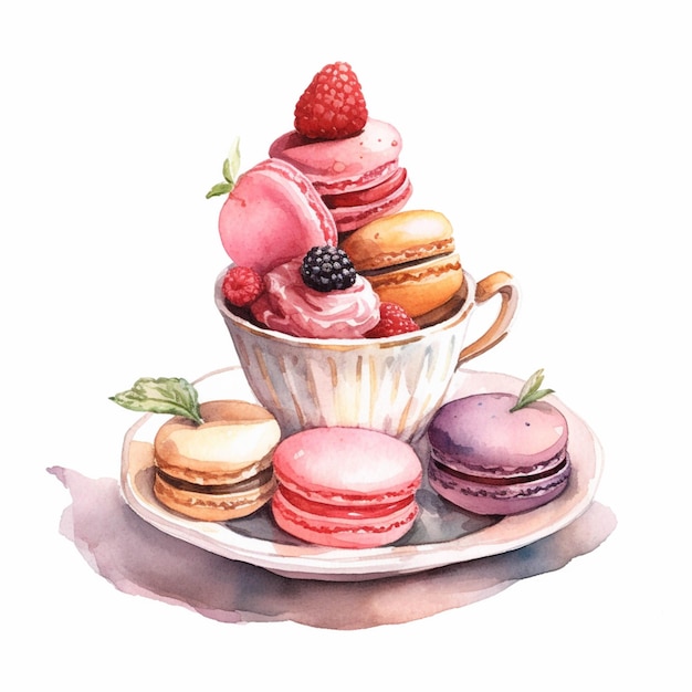 Hay una taza de helado y macarons en un plato generativo ai