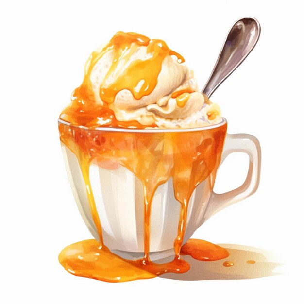 Hay una taza de helado con salsa de caramelo y una cuchara generativa ai