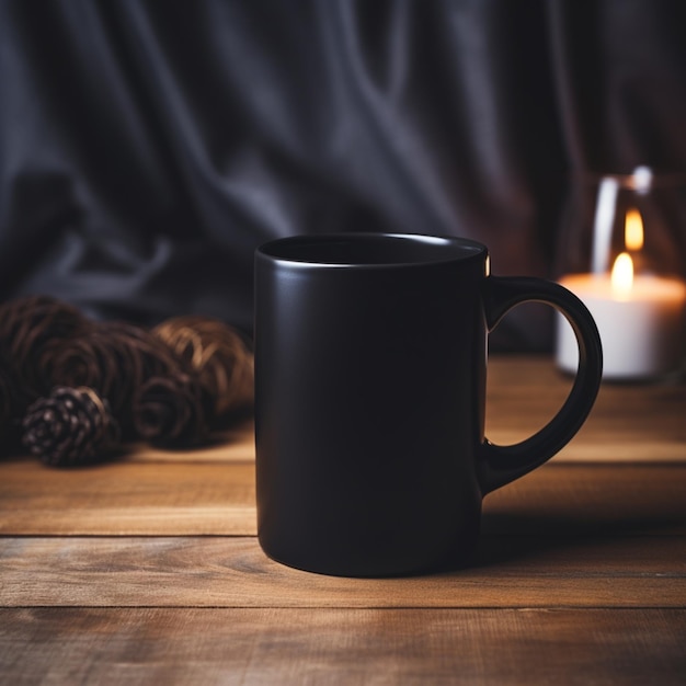 hay una taza negra sentada sobre una mesa de madera con una vela en el fondo ai generativo