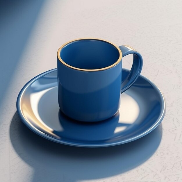 hay una taza y un platillo azules sobre una mesa blanca ai generativo