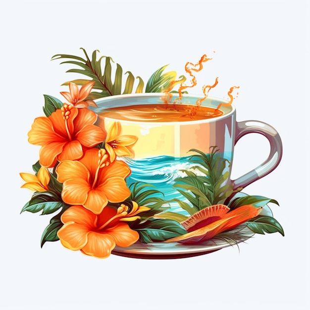 Hay una taza de té con un diseño tropical ai generativo.