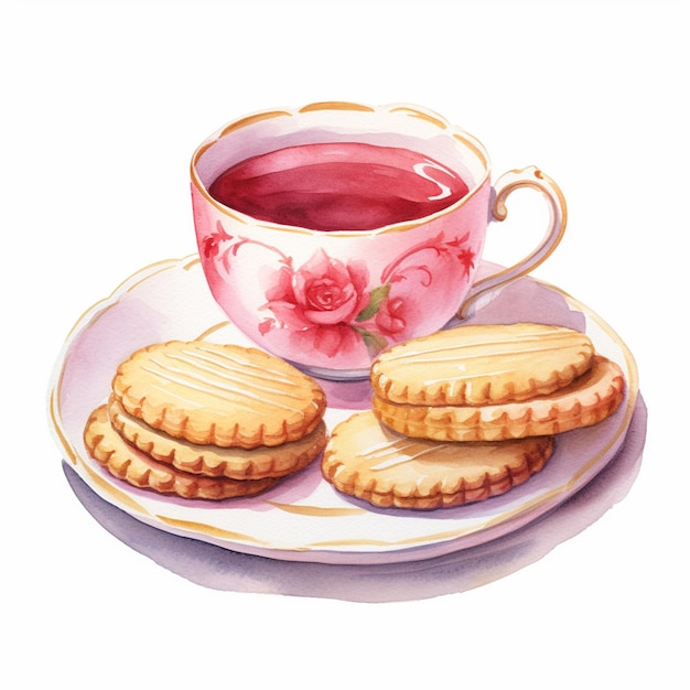 Hay una taza de té y galletas en un plato generativo ai