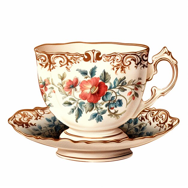 Foto hay una taza de té y un platillo con un diseño de flores en ella