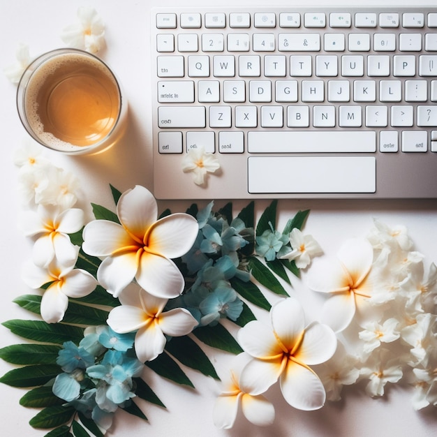 Hay una taza de té y un teclado en una mesa generativa ai