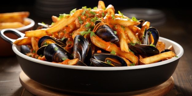 Hay un tazón de papas fritas y muselling en una mesa generativa ai