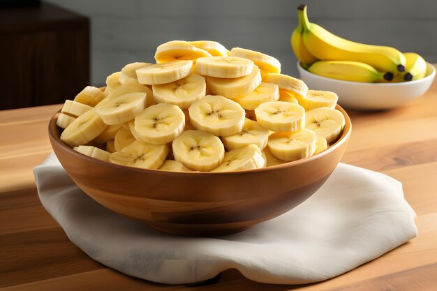 Foto hay un tazón de plátanos en una mesa con un tazó de plátanas en el fondo ia generativa