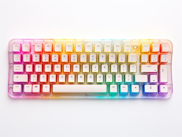 Foto hay un teclado de computadora con una placa de teclas de colores arco iris generativa ai