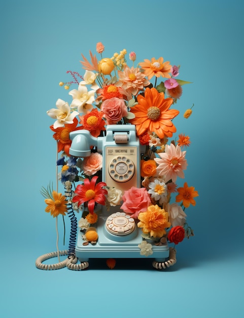 Hay un teléfono azul con flores y un cable ai generativo.