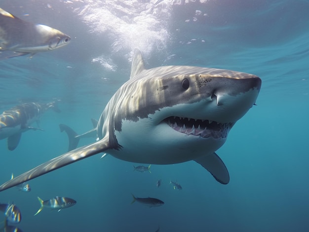 Hay un tiburón nadando en el océano con muchos peces generativos ai