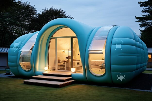 hay una tienda inflable azul con una cama y una mesa generativa ai