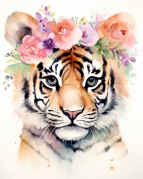 hay un tigre con una corona de flores en su cabeza generativo ai