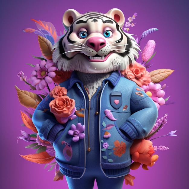 Foto hay un tigre de dibujos animados con una chaqueta y flores en él ai generativo