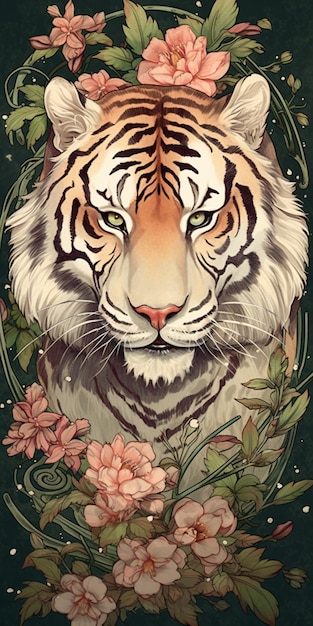 Hay un tigre con flores en la cabeza y un ai generativo de fondo verde.