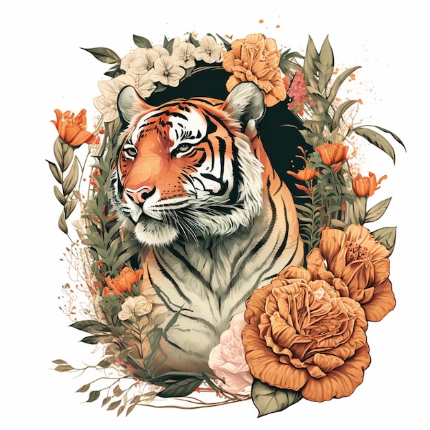 hay un tigre con un sombrero y flores a su alrededor generativo ai