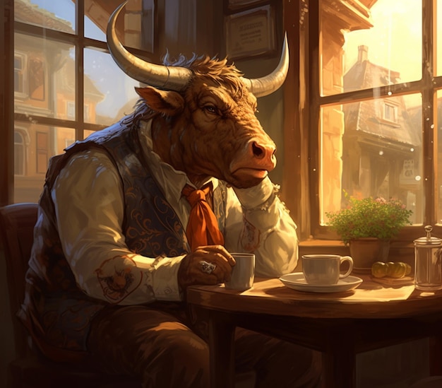 hay un toro que está sentado en una mesa con una copa generativa ai