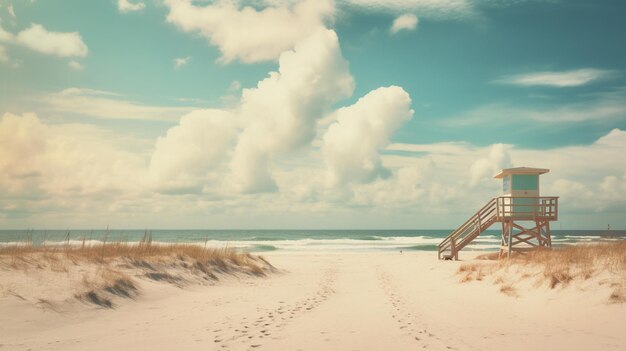 Foto hay una torre de socorristas en la playa con una playa en el fondo generativo ai