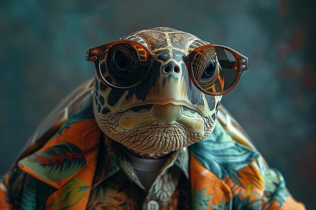 hay una tortuga con gafas de sol y una camisa con una bufanda generativa ai