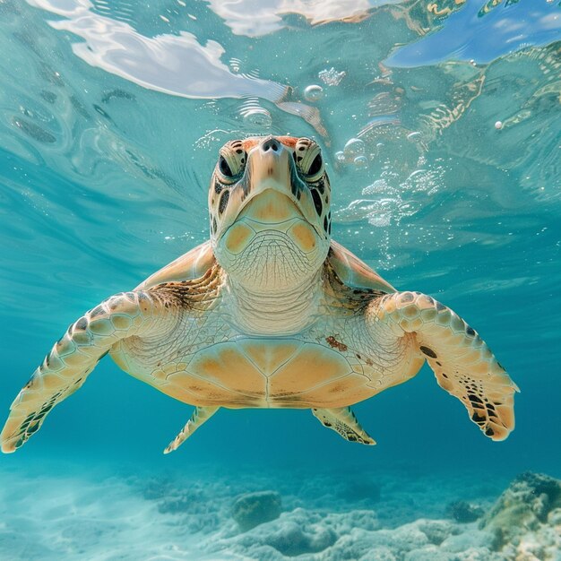 Hay una tortuga nadando en el océano con una cámara en la espalda.
