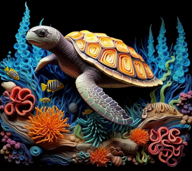 Hay una tortuga que está sentada en un ai generativo de arrecife de coral.