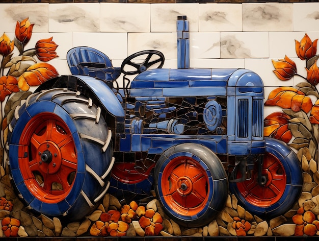 Foto hay un tractor azul con ruedas naranjas en una pared generativa ai